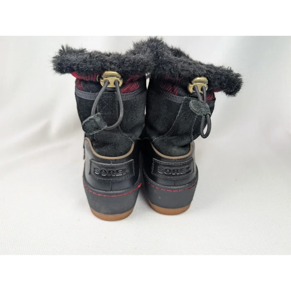 Sorel Tivoli III Waterproof Winter Boots 7.5 Black Red Buffalo Plaid Faux‎ Fur